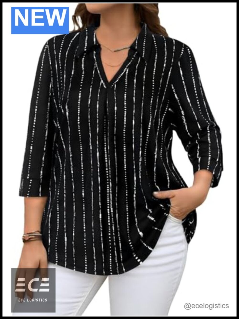 Plus Size 3/4 Sleeve V-Neck Blouse Collared Loose Fit Business Casual Tops